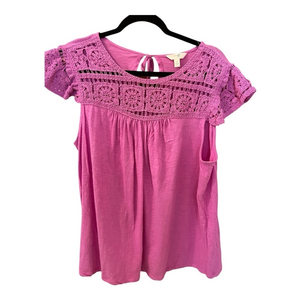 Terra & Sky Women’s Top, Size 1X, Pink Slipover, Crotched Top, Cap Sleeves.